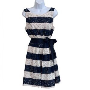 Robbie Bee Navy Ivory Lace Stripe Fit & Flare Dress Bow Waist Size 12